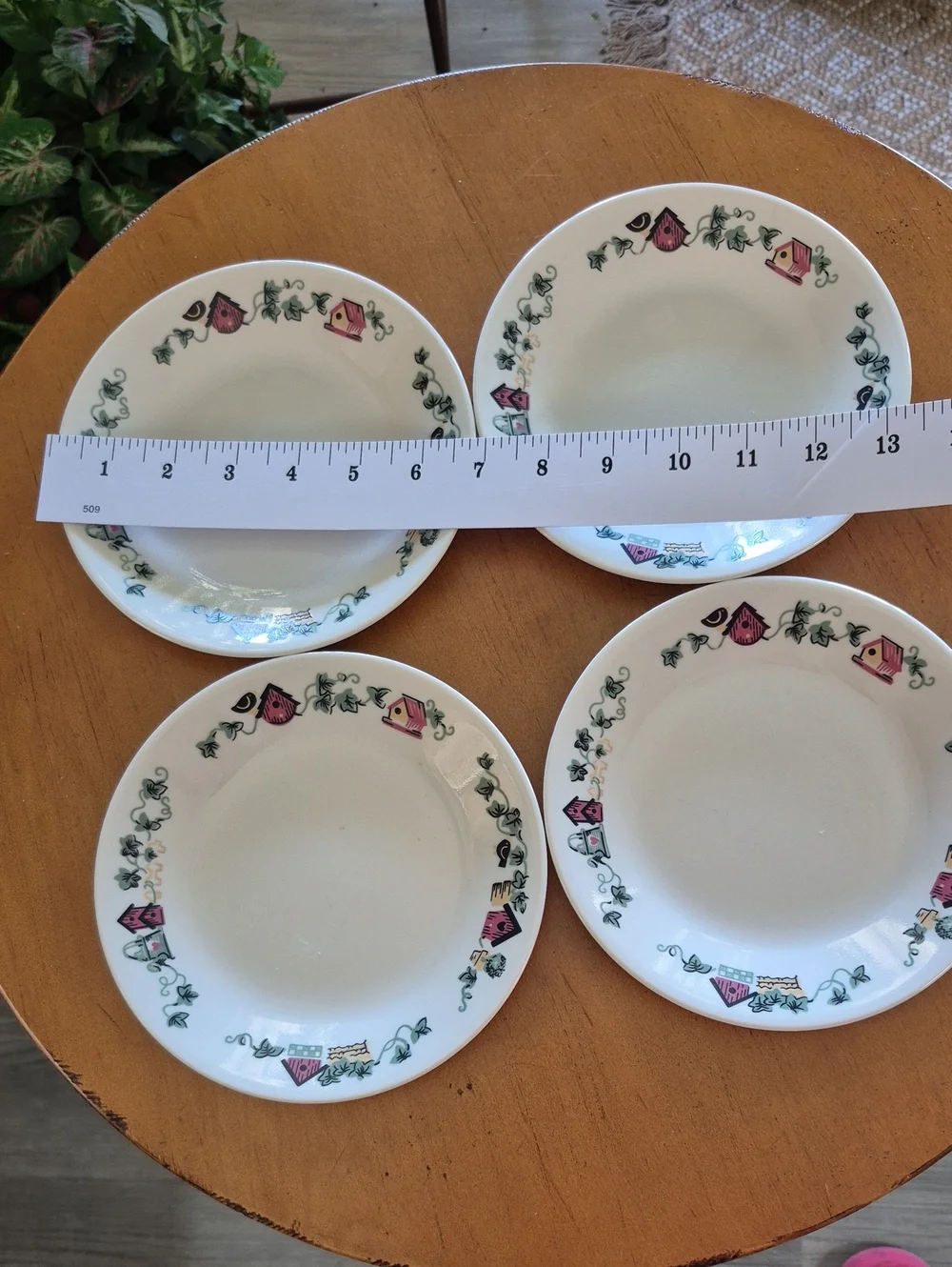 Vtg. Corelle Garden Home White Bread/side  Plates with Pink Birdhouse. Set of 4